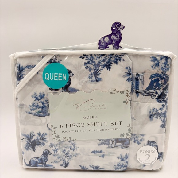 Kindred Home Queen 6 Piece Sheet Set Blue White Dachshund Doxie Dog Toile